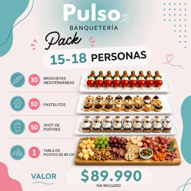 40 tapaditos + tabla de picoteo gigante de 80 cm + 50 pastelitos + 24 shot de postres